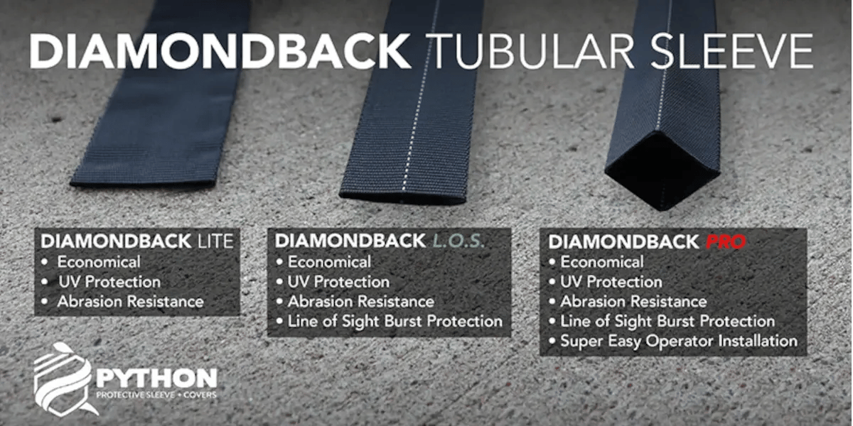 Three variations of Python Diamondback protective sleeves displayed side by side, showcasing different sizes and coverage options for hydraulic hose protection.
