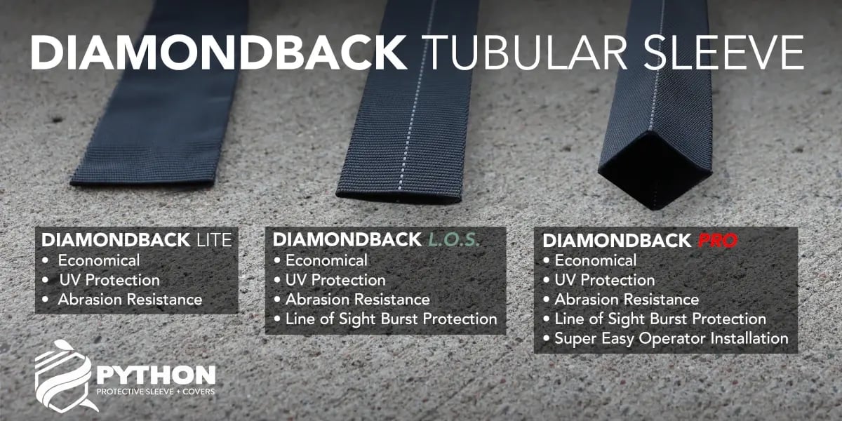 Diamondback hydraulic hose sleeves with UV and abrasion protection from Python.