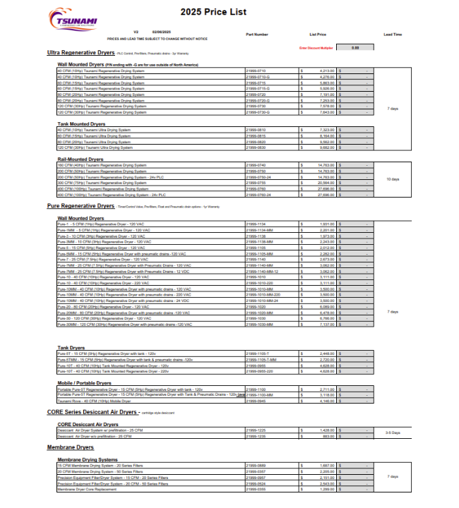 Tsunami 2025 Price List