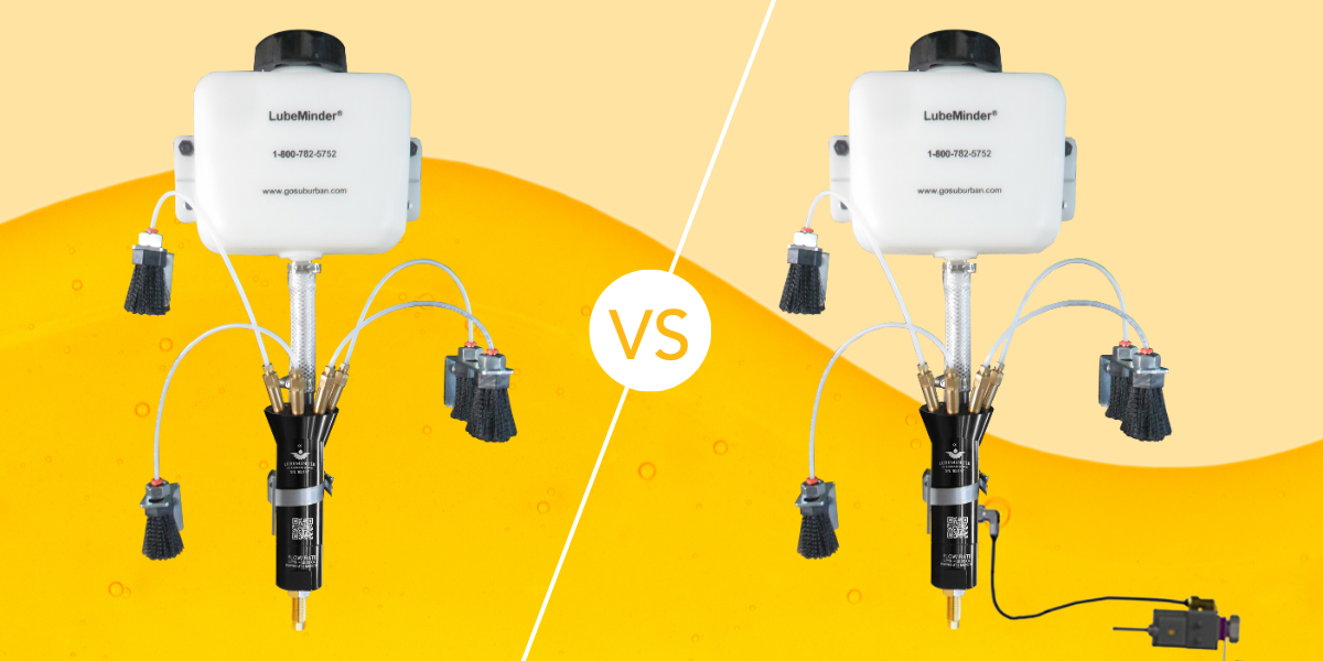 Hydraulic versus pneumatic automatic lubrication systems on top of a yellow oil background